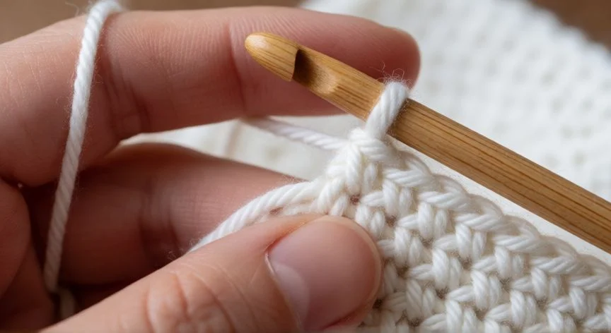 Manos tejiendo punto cangrejo con gancho en un borde de ganchillo en relieve sobre tela blanca