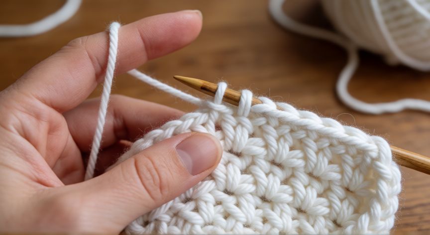 como hacer punto cangrejo a crochet, Manos realizando punto cangrejo a crochet con hilo blanco sobre mesa de madera