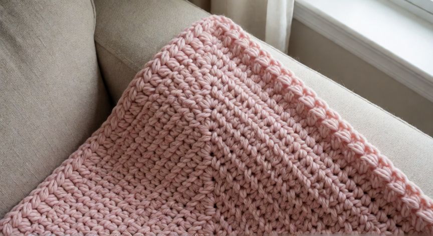 como hacer punto cangrejo a crochet, Esquina de manta de crochet con borde de punto cangrejo en color rosa suave