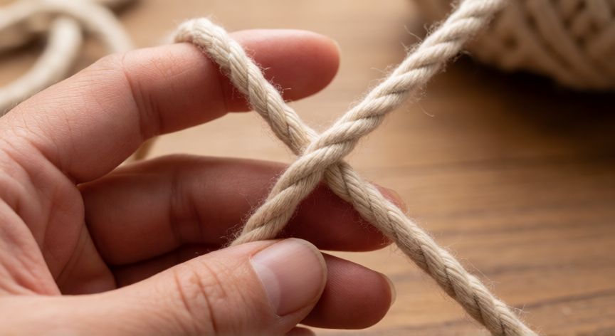 como hacer punto con dos agujas, Manos realizando un punto a dos agujas con cuerda de algodón sobre mesa de madera