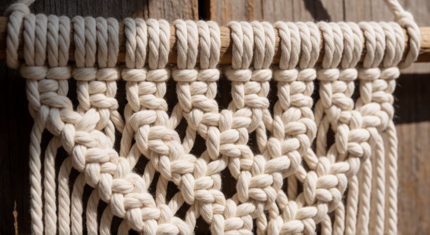 como hacer punto con dos agujas, Fila de puntos a dos agujas terminados en un panel de macramé decorativo