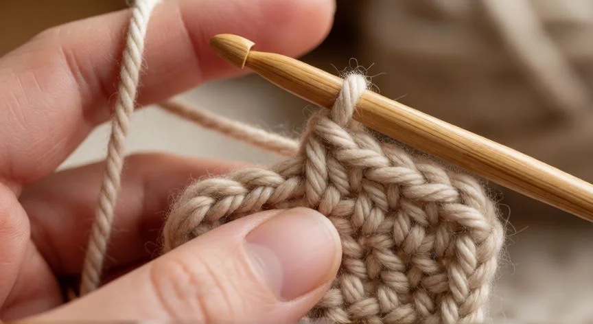 Manos realizando punto corredizo con ganchillo de madera y lana beige