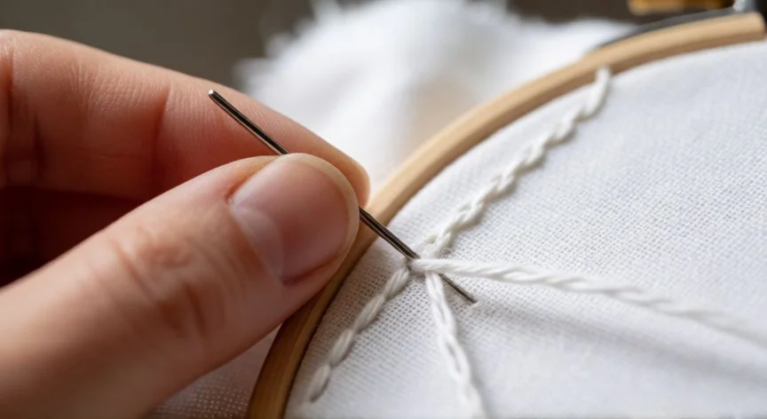 Detalle de manos cosiendo punto de cadeneta a mano sobre tela blanca