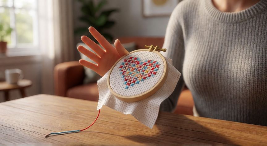 Sim bordando un corazón en punto de cruz sobre una mesa