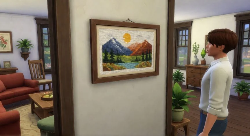 como hacer punto de cruz sims 4, Puesto Garden Shop con bastidores y piezas terminadas en pueblo inglés
