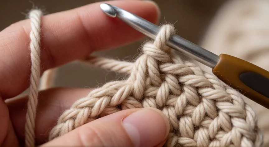 Manos formando nudo corredizo con hilo coral y aguja de crochet sobre mesa de madera