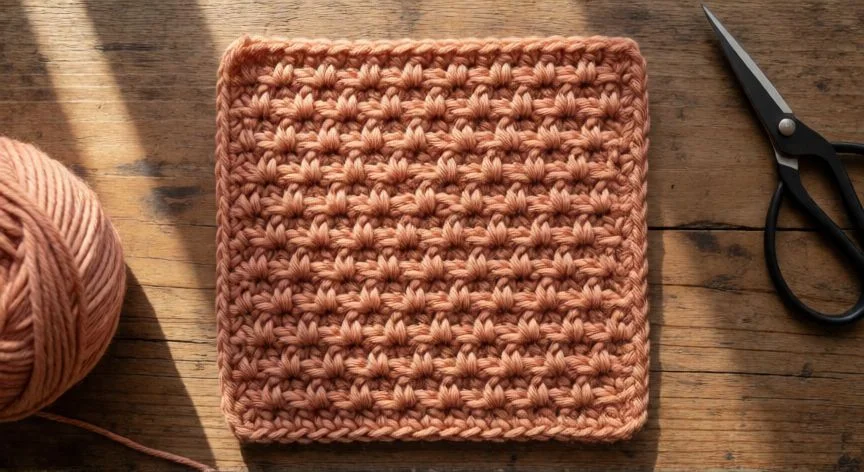 como hacer punto de nudo paso a paso, Nudo corredizo terminado en aguja de crochet con hilo crema y superficie de lino