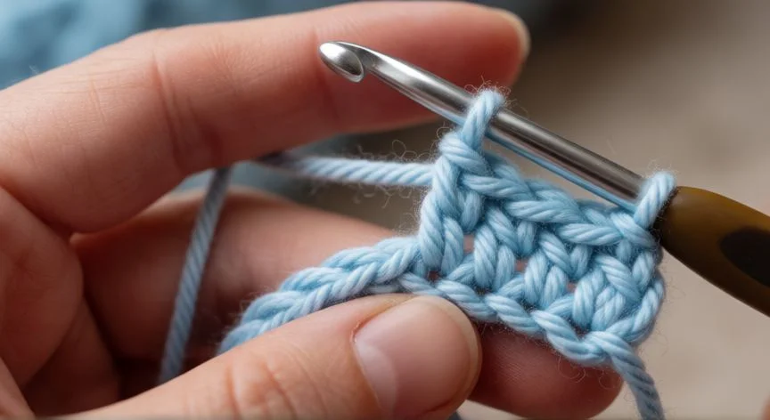 Manos tejiendo punto elástico a crochet con la técnica de hebra trasera en lana clara