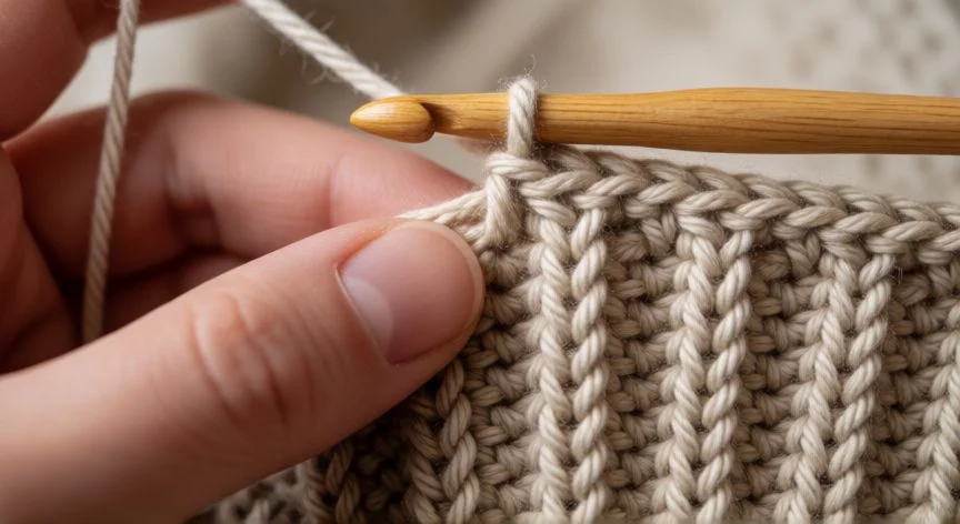 Manos tejiendo punto bajo por hebra trasera en muestra acanalada de crochet coral