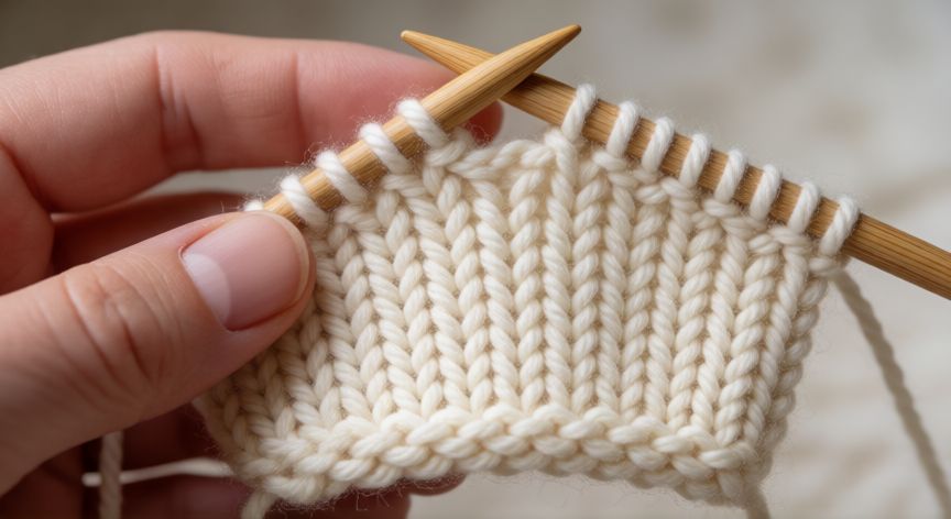 Detalle de tejido en punto elástico 1x1 con agujas de madera