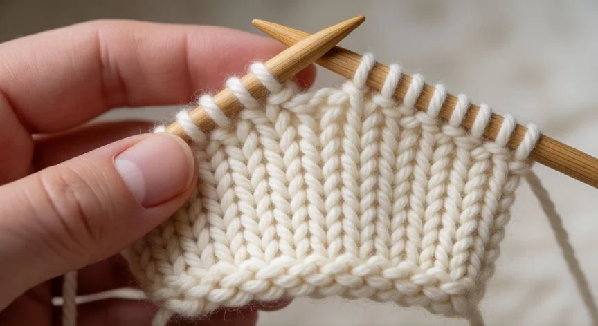 Detalle de tejido en punto elástico 1x1 con agujas de madera