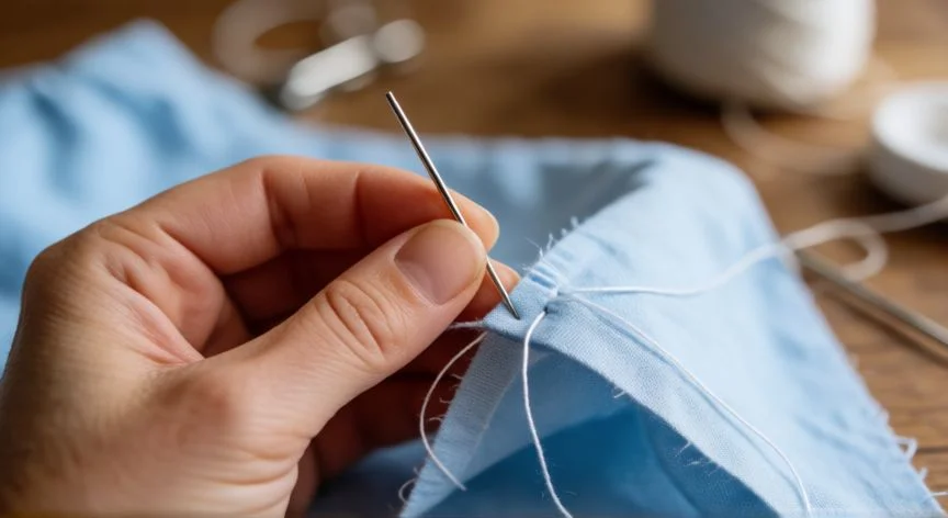 Manos cosiendo un punto escondido en el dobladillo de una falda de seda azul marino