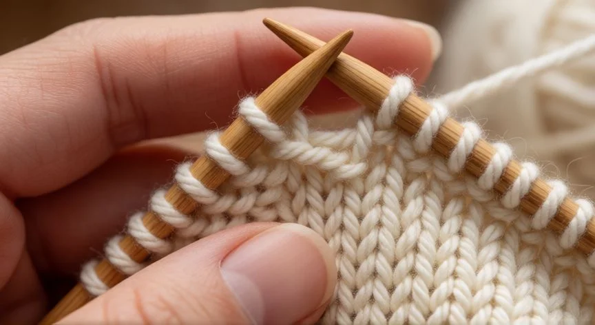 Manos tejiendo punto espiga a dos agujas con lana merino beige