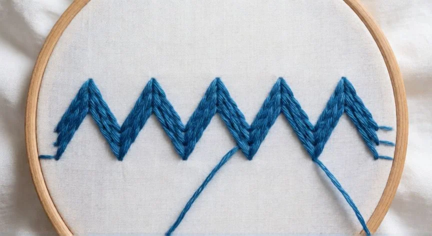 como hacer punto espiga bordado, Muestrario de variantes de punto espiga en hilos coral teal y dorado sobre tela blanca