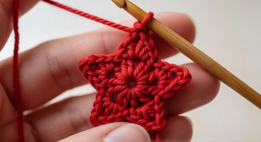 Tejido en punto estrella de crochet con hilos crema y ganchillo junto al patrón