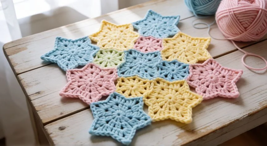 como hacer punto estrella a crochet, Bufanda tejida en punto estrella con hilo rosa y herramientas de crochet