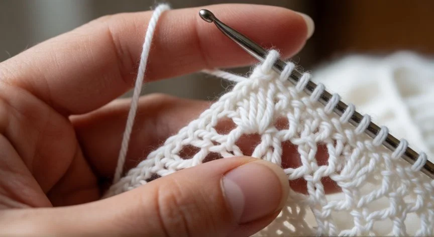 Manos tejiendo punto fantasía a crochet con ondas decorativas en hilo coral