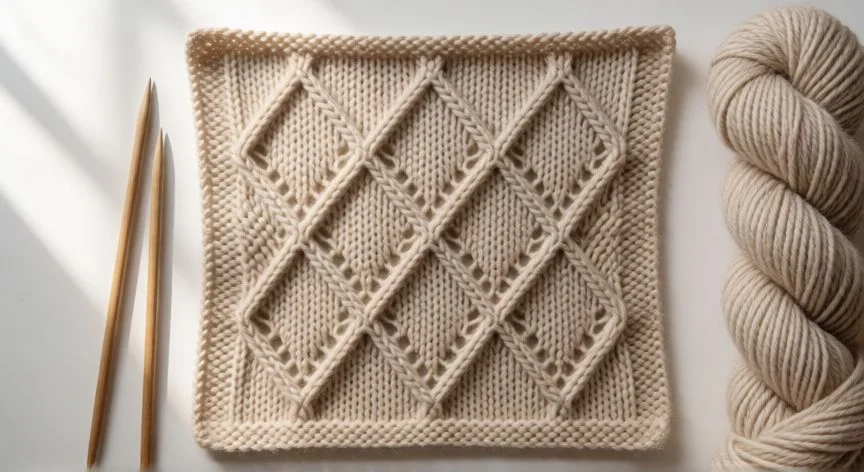 como hacer punto fantasia dos agujas paso a paso, Muestra de punto fantasía calado con trenzas en crema y burdeos sobre mesa artesanal