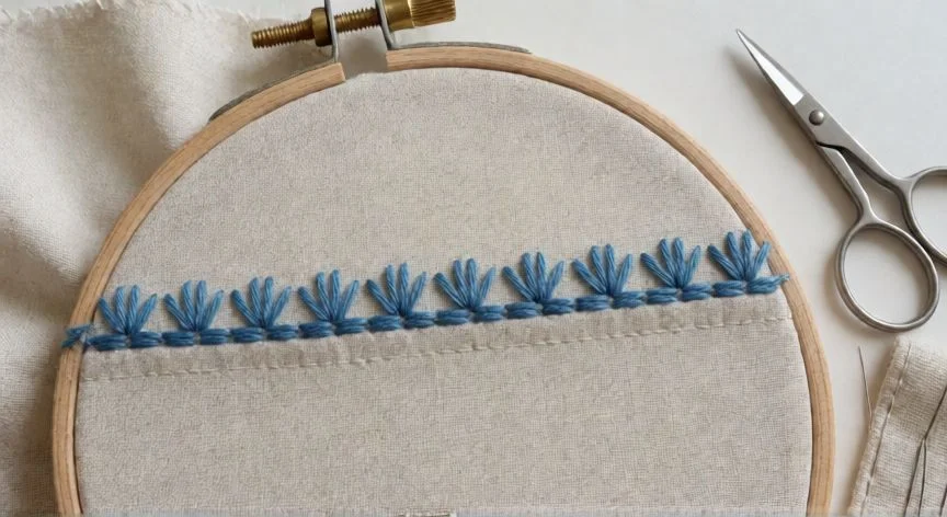 como hacer punto feston a mano, Muestras de tela con variaciones del punto festón en colores distintos sobre mesa de madera