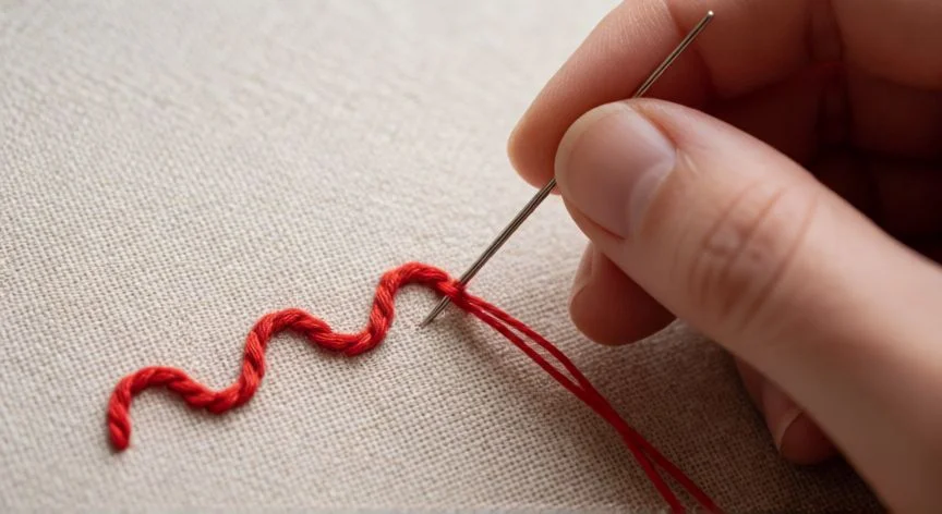 Detalle de mano bordando punto festón rojo en tela de lino beige