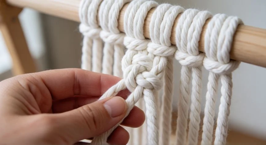Manos tejiendo un nudo festón en macramé sobre cuerda guía horizontal