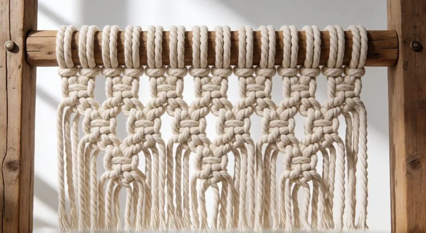 como hacer punto feston en macrame, Pieza de macramé con línea de festón en zigzag de dos colores y cuentas