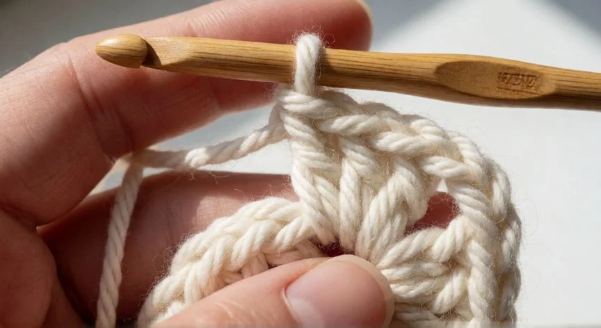 Manos realizando los primeros pasos del punto flor a crochet con lana crema