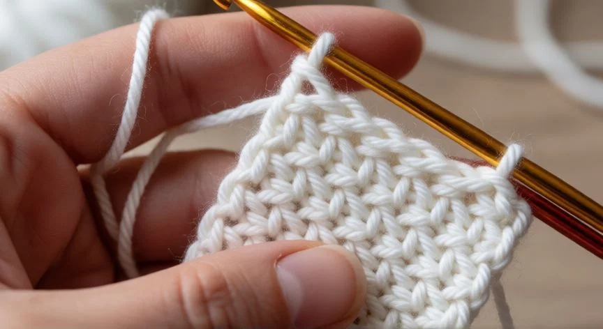Manos tejiendo punto garbanzo en crochet sobre manta de lana crema con relieve visible