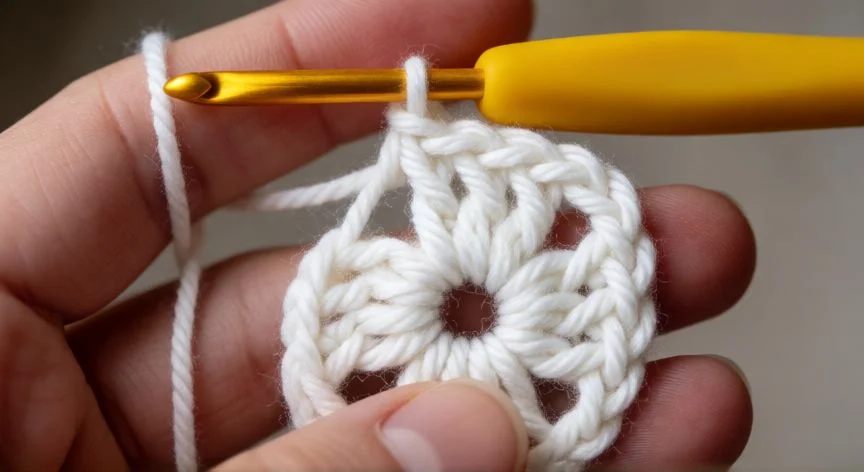 Manos tejiendo punto garbanzo a crochet con lana beige y aguja de madera