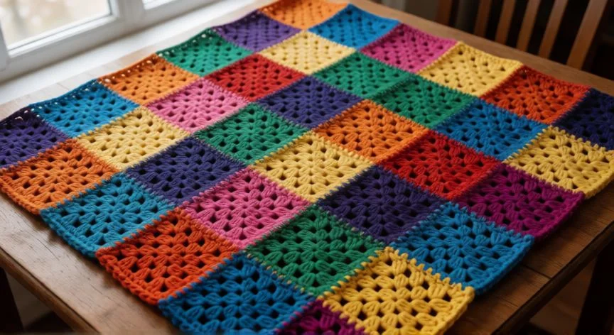 como hacer punto garbanzo a crochet, Muestra crochet punto garbanzo en V con lana crema y rosa sobre mesa de madera