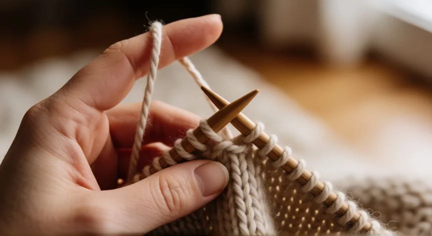 como hacer punto garbanzo a dos agujas, Gorro tejido con punto garbanzo en lana crema sobre mesa de madera