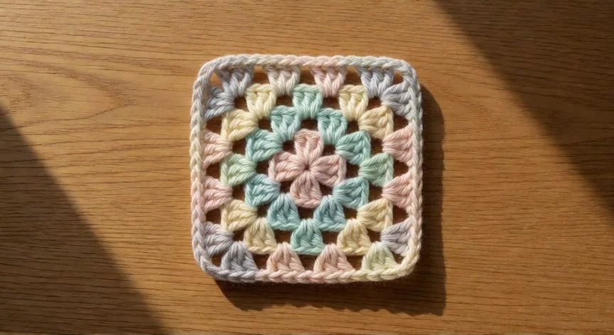 como hacer punto granny, Manta patchwork de granny squares multicolores con aguja lanera al lado