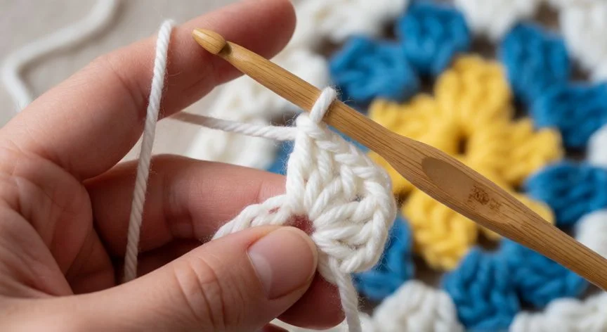 Granny square a medio tejer con gancho y lana de colores sobre mesa de madera