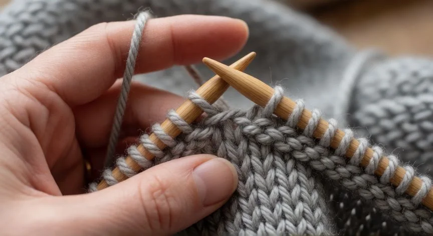 Detalle de tejido punto gusano con agujas de madera y lana gris