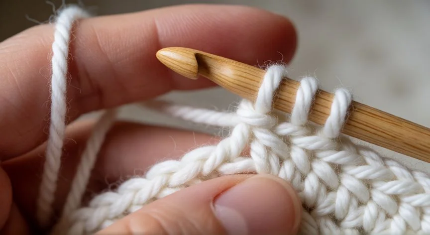 Manos tejiendo punto inglés a crochet con lana merino en canalé