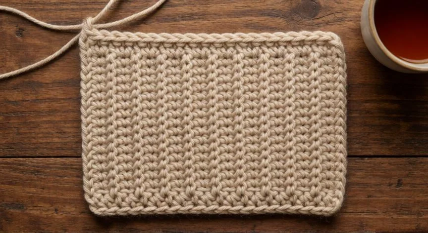 como hacer punto ingles a crochet, Bufanda terminada en punto inglés a crochet sobre mesa rústica