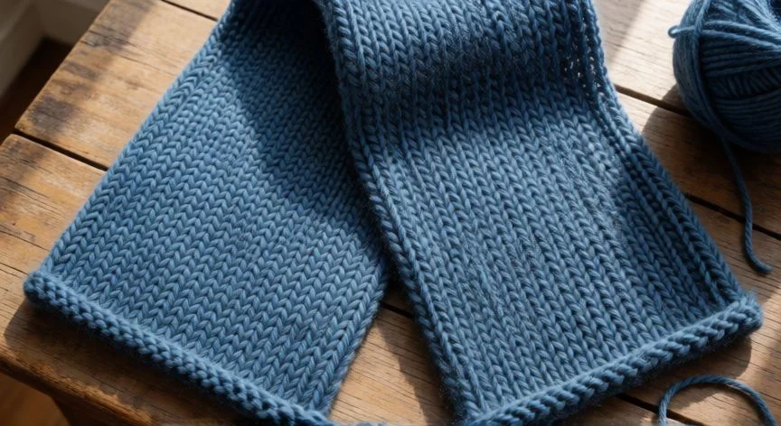 como hacer punto ingles en dos agujas, Bufanda tejida en punto inglés con relieve en lana gris sobre mesa de madera