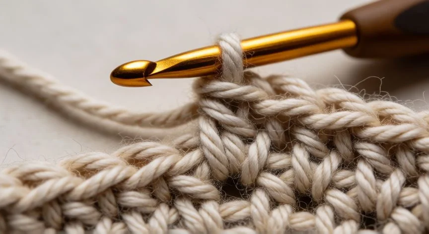 Detalle de aguja de crochet realizando punto invisible en tejido de lana