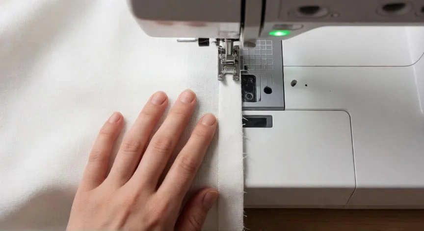 como hacer punto invisible a maquina, Dobladillo terminado con costura invisible sobre tela de satén en mesa de trabajo