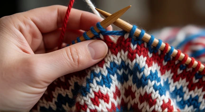 Manos tejiendo jacquard con dos colores, flotes visibles por el revés del tejido
