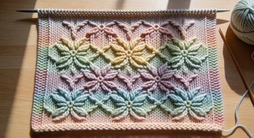 como hacer punto jacquard, Muestra de punto jacquard intercalado en azul y mostaza junto a carta cuadriculada