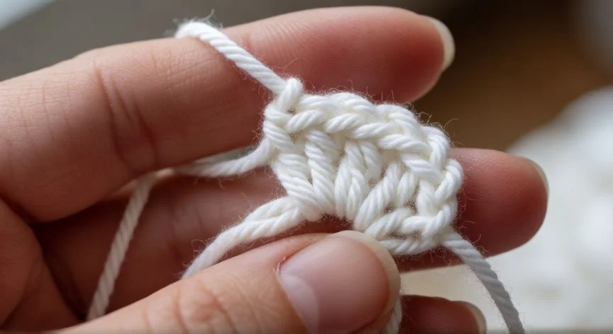 Manos tejiendo punto jazmín a crochet con hilo de algodón y aguja de ganchillo