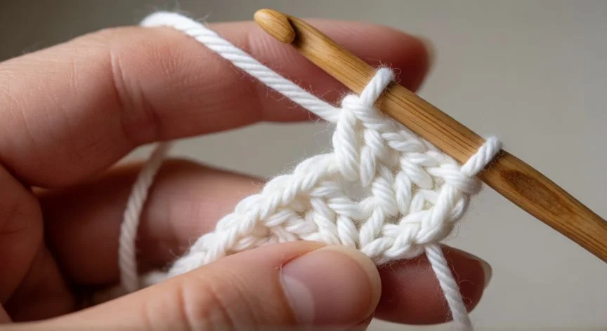 Manos tejiendo punto jazmín a crochet con hilo de algodón crema