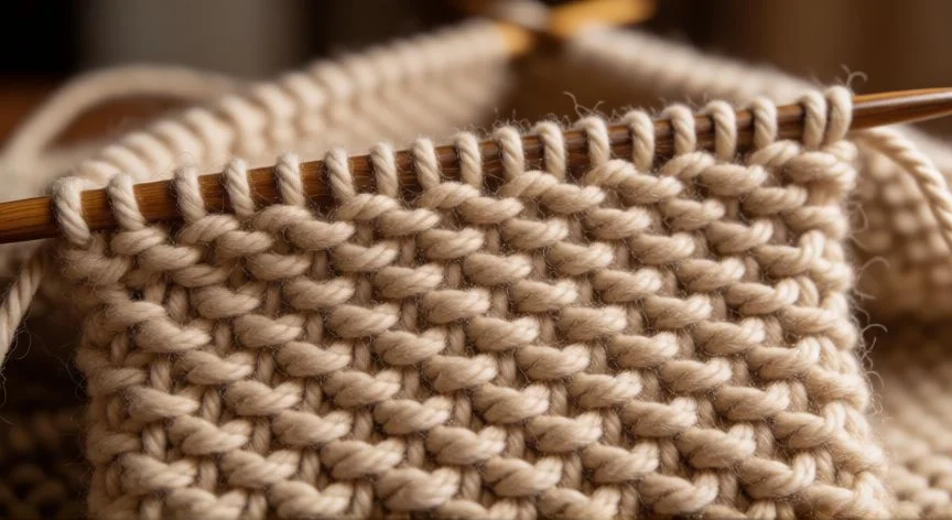 como hacer punto jersey, Muestra de punto jersey con borde elástico sobre mesa de madera