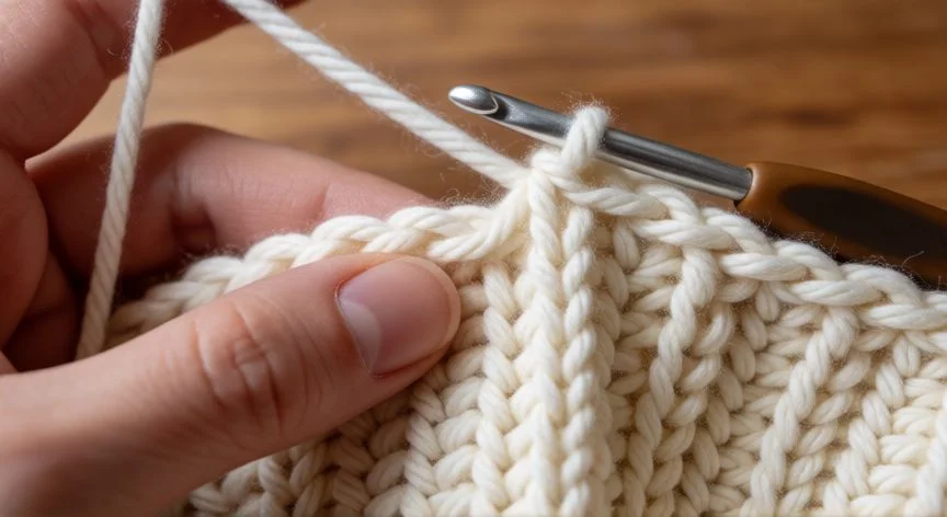 Gancho de crochet insertado en el centro de la V del punto jersey a crochet
