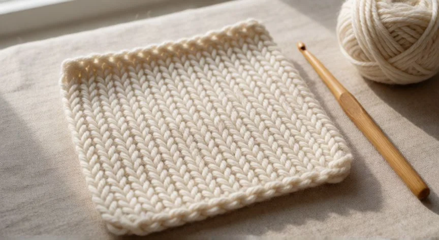 como hacer punto jersey a crochet, Pieza terminada en punto jersey a crochet junto a agujas de dos agujas y lana