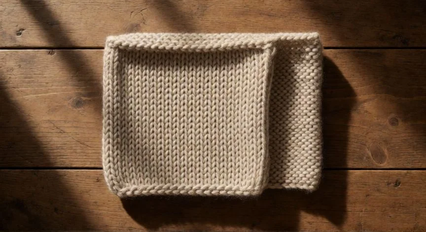 como hacer punto jersey dos agujas, Muestras comparativas de jersey, bobo, elástico y arroz sobre mesa de madera