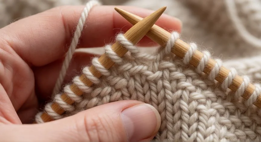 Manos tejiendo punto ladrillo crochet en coral y crema