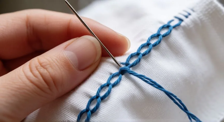 Manos realizando punto lanzado sobre tela blanca con hilo azul