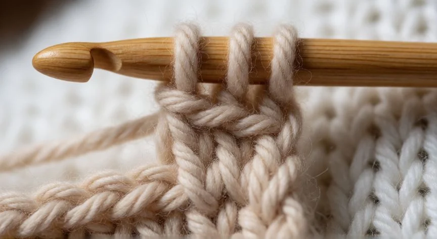 Manos tejiendo punto largo a crochet con tres bucles en el gancho de madera